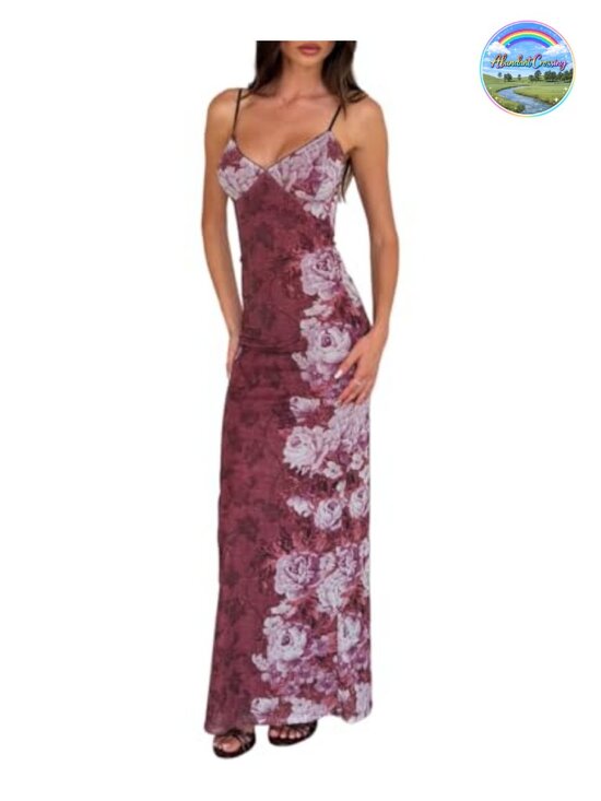 Dresses & Skirts - Women Vintage Spaghetti Strap Satin Maxi Dress Backless Floral Slip Bodycon